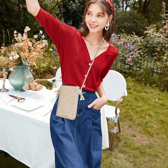 Stylish Straw and Polyester Beige Crossbody Cell Phone Purse with Detachable Rop - Picture 5 of 6